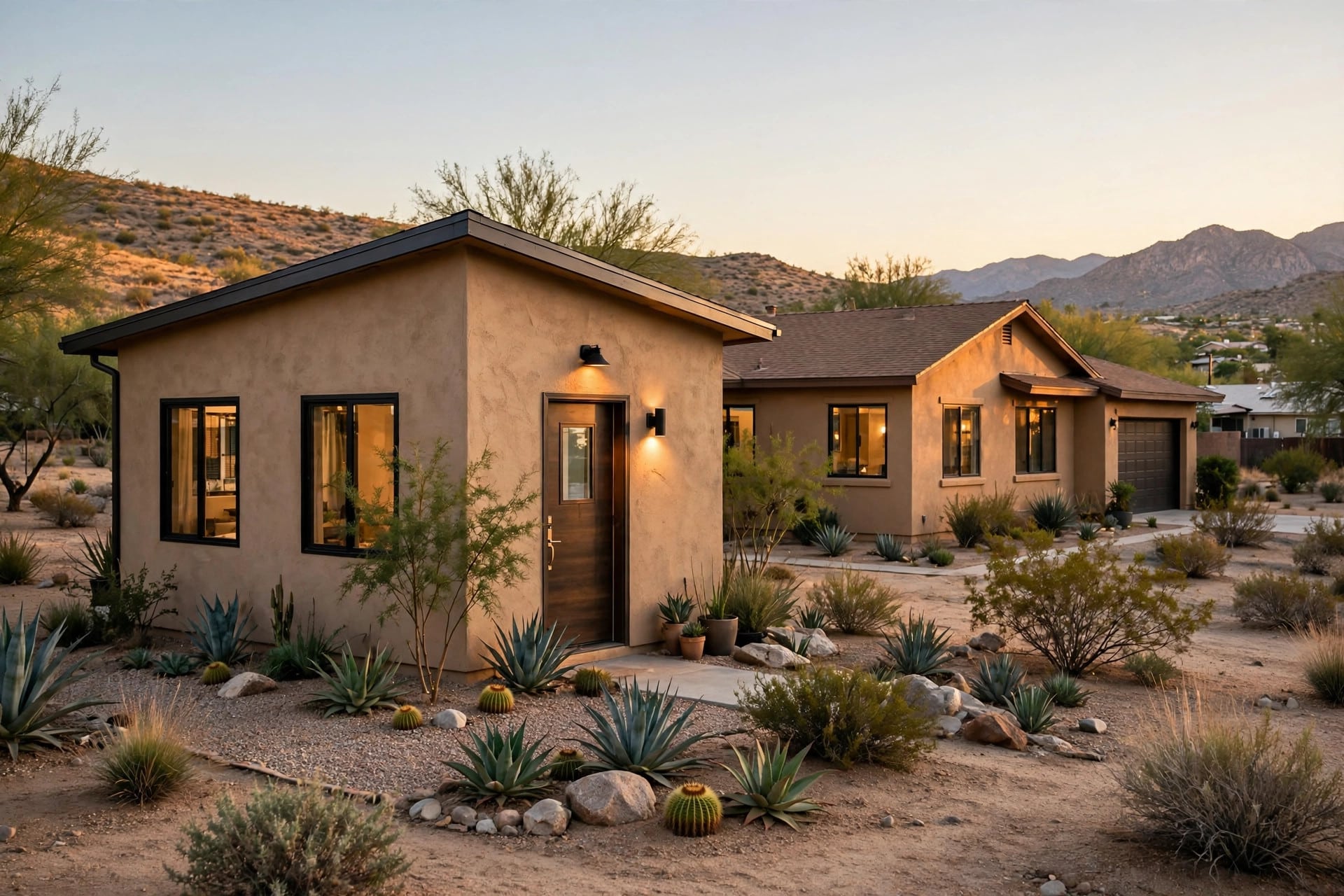 Attached and junior ADU next to a Southern California home at dusk