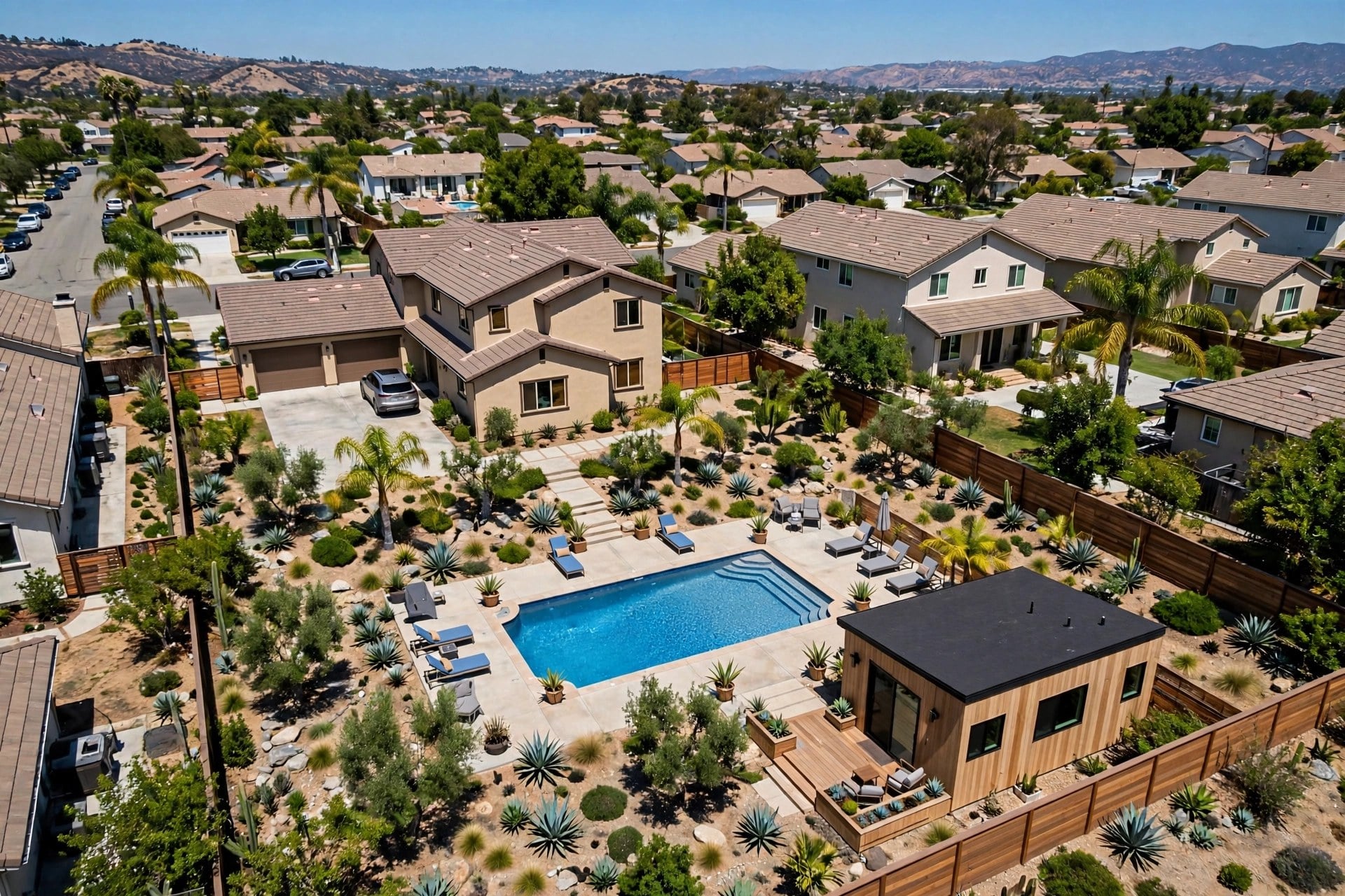 Aerial view of home with detached ADU