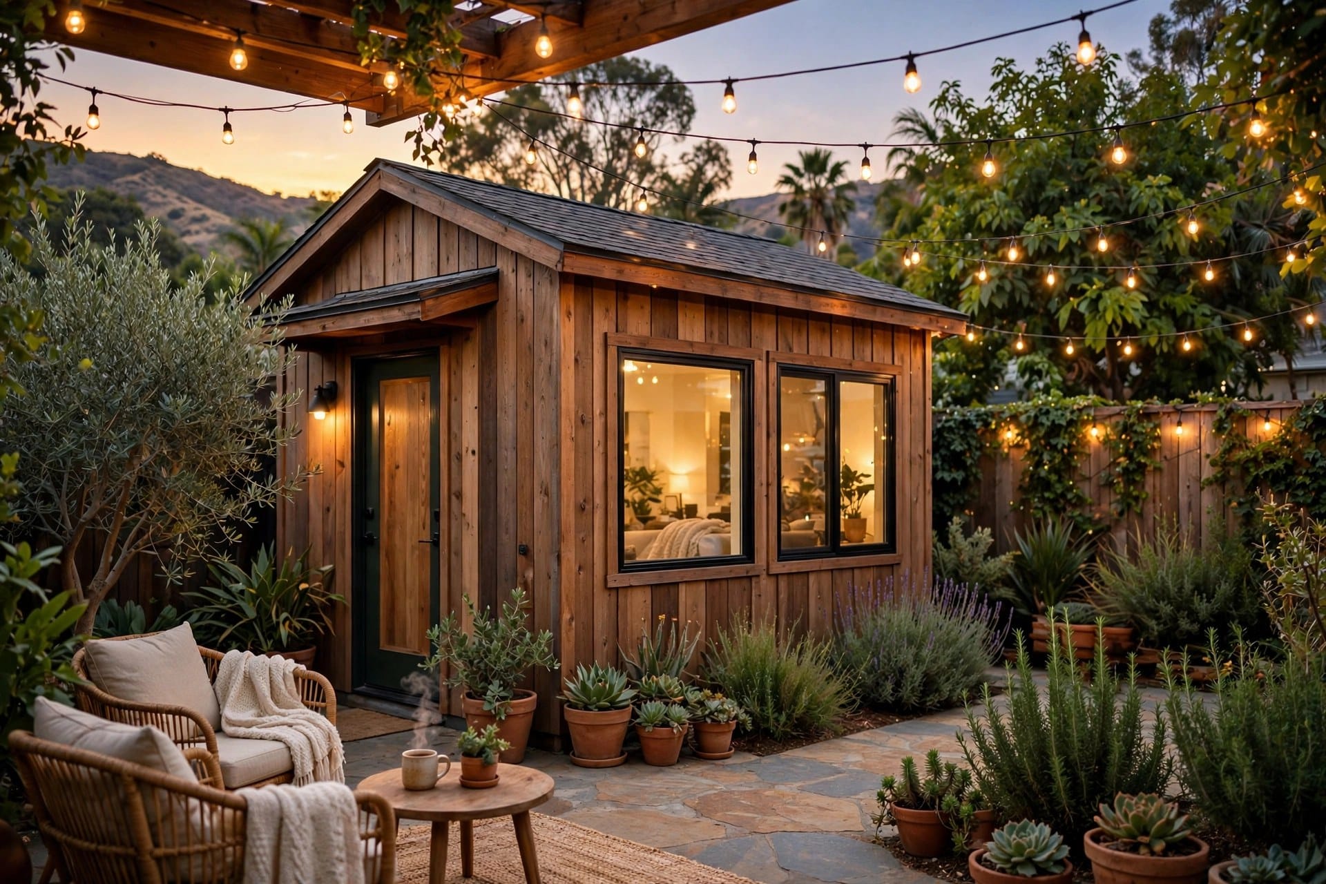 Backyard ADU cottage at golden hour