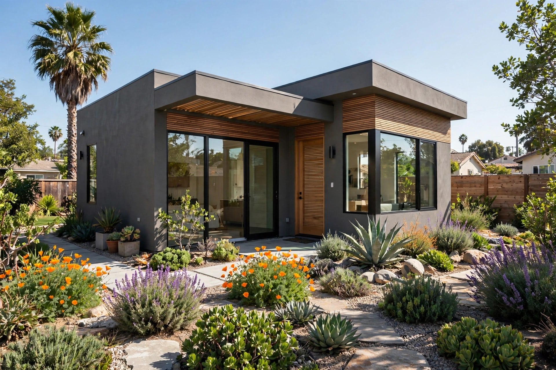 Modern detached ADU cottage exterior in California